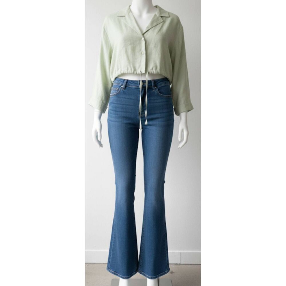 Sans souci womens small mint sage green cropped linen shirt top